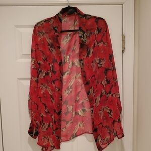 Notations Red Floral Sheer Open-Front Blouse